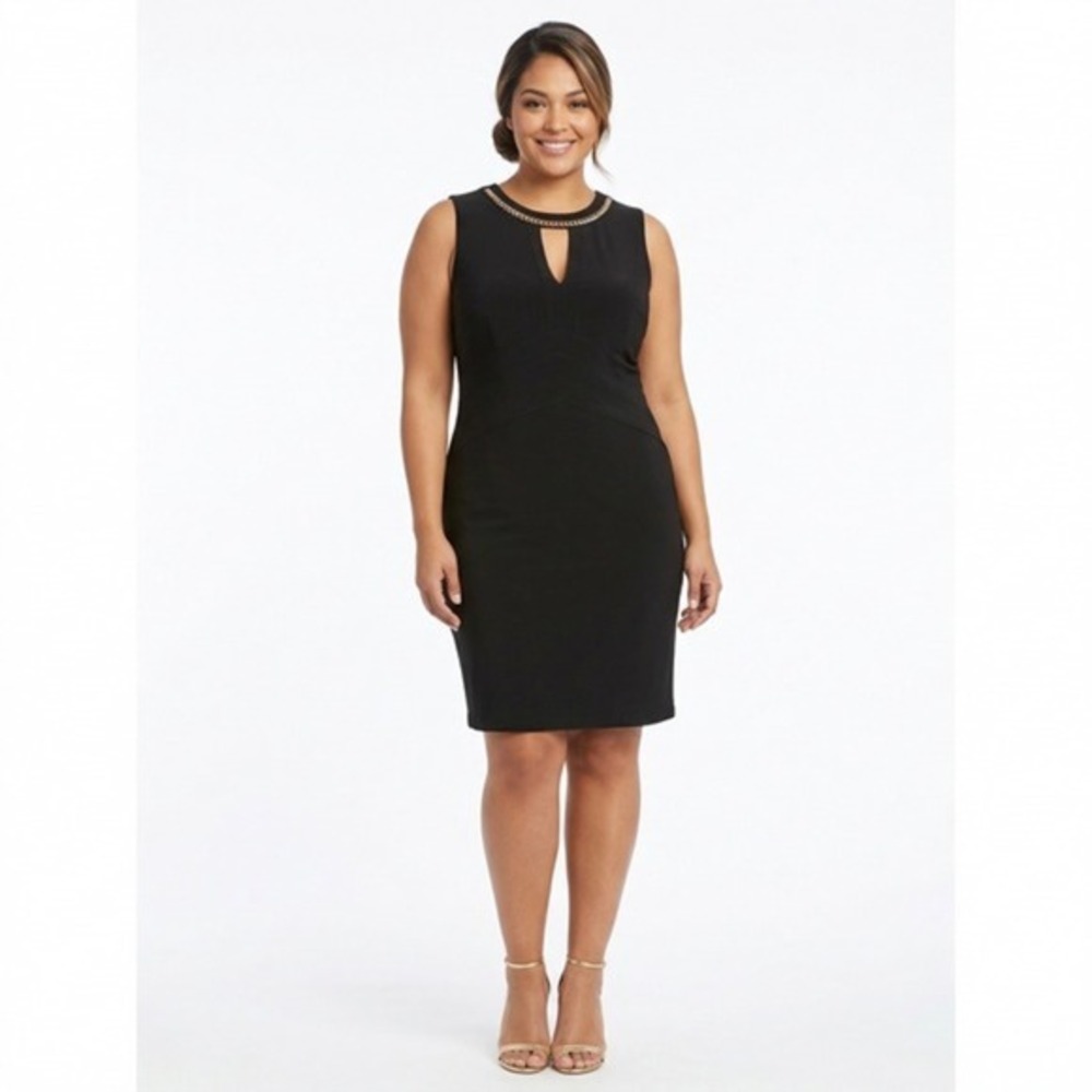 Bisou Bisou Black Sheath Dress Gold Chain Neckline Keyhole Size 16 X131584B